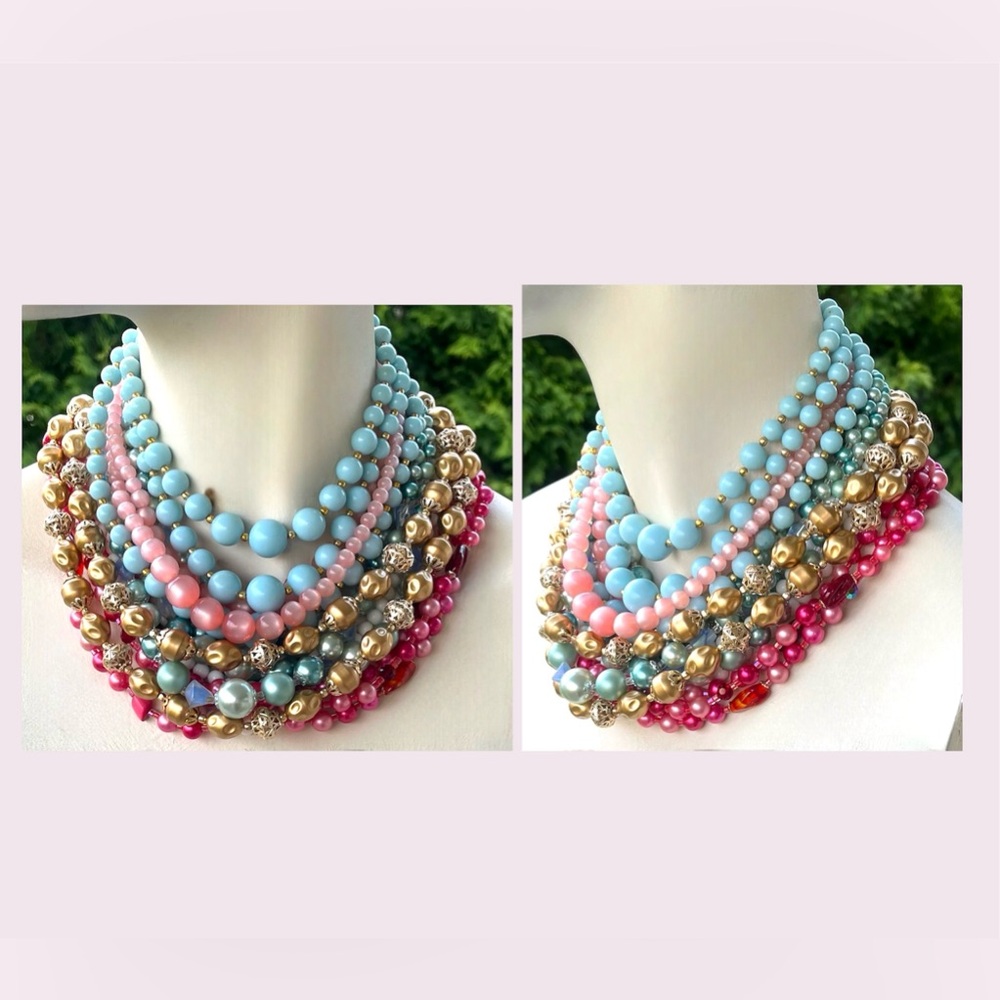Vintage Beaded Necklace Lot Colourful Nesting Strands 1950s Jewelry